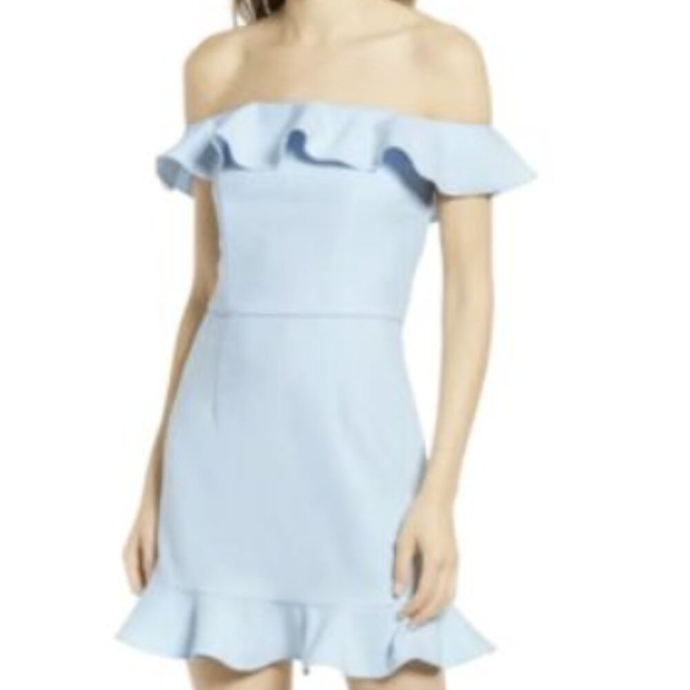 French Connection Off-Shoulder Ruffle Dress in Light Blue